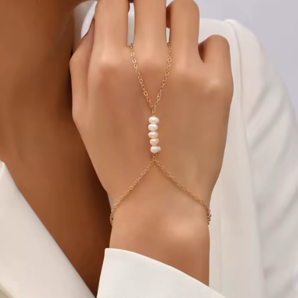 Gold Tone Bracelet Ring Chain 5 Freshwater Pearl NWT